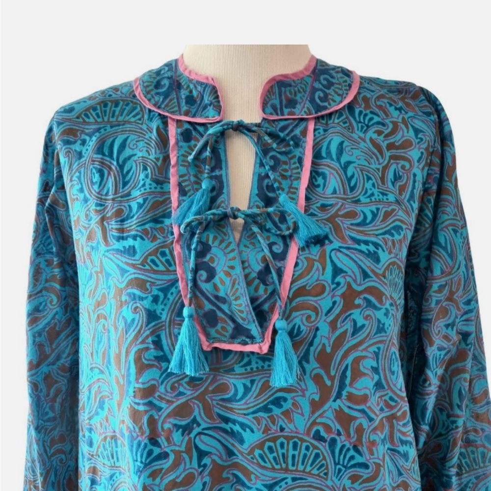 Cleobella Turquoise and Magenta Hand-Printed Dress with Belt - Picture 4 of 6
